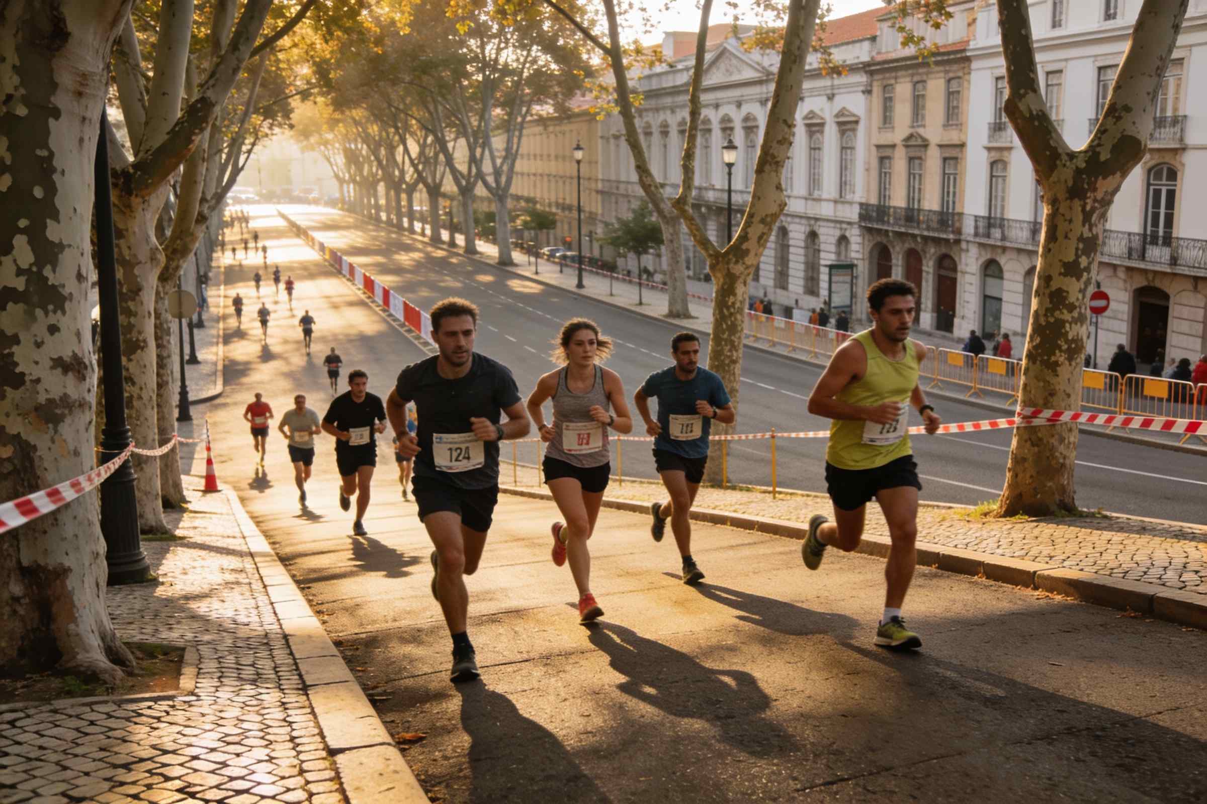 Runners climbing a wide tree-lined avenue in the morning sun, the road closed to traffic
