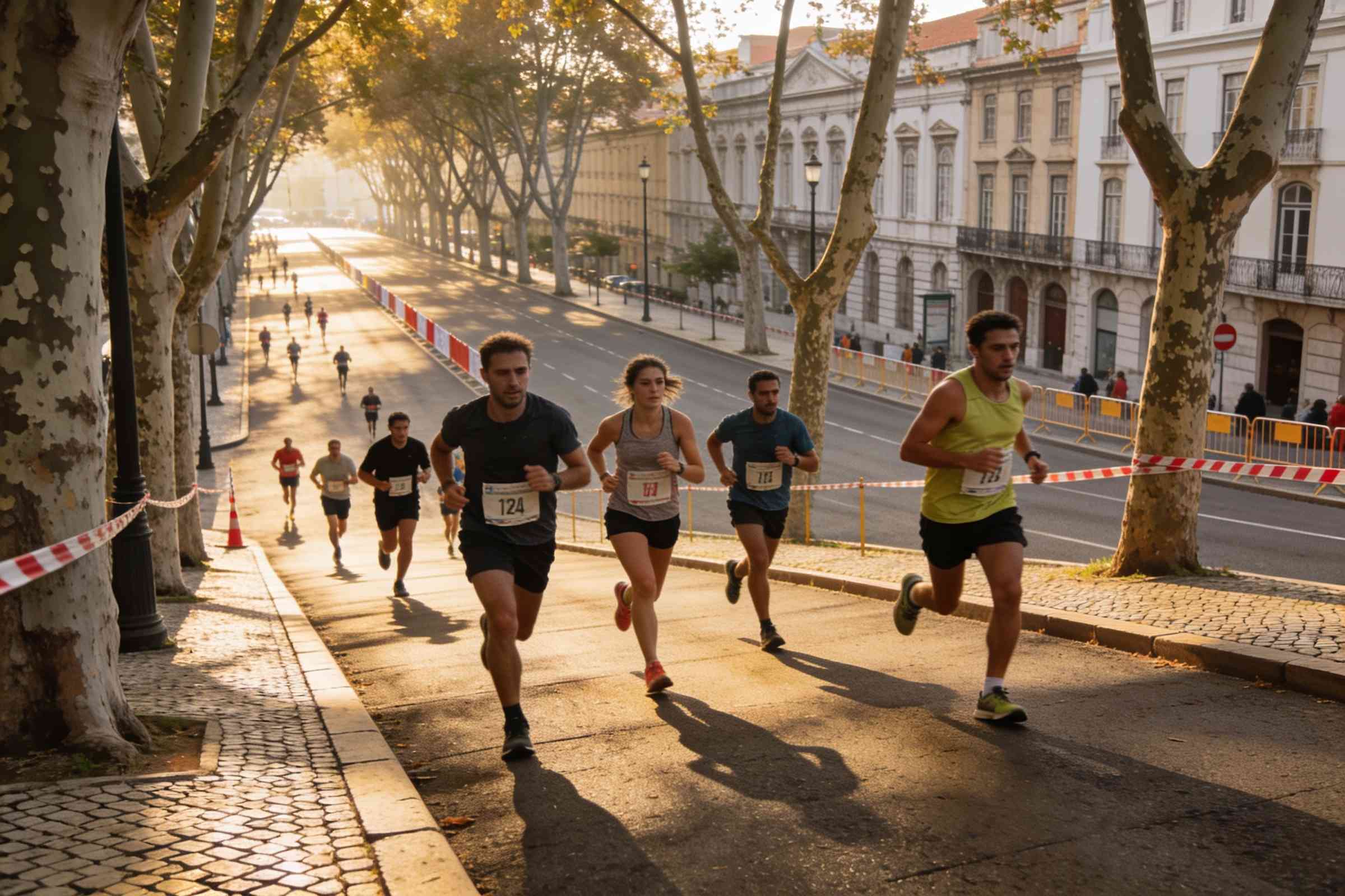 Runners climbing a wide tree-lined avenue in the morning sun, the road closed to traffic