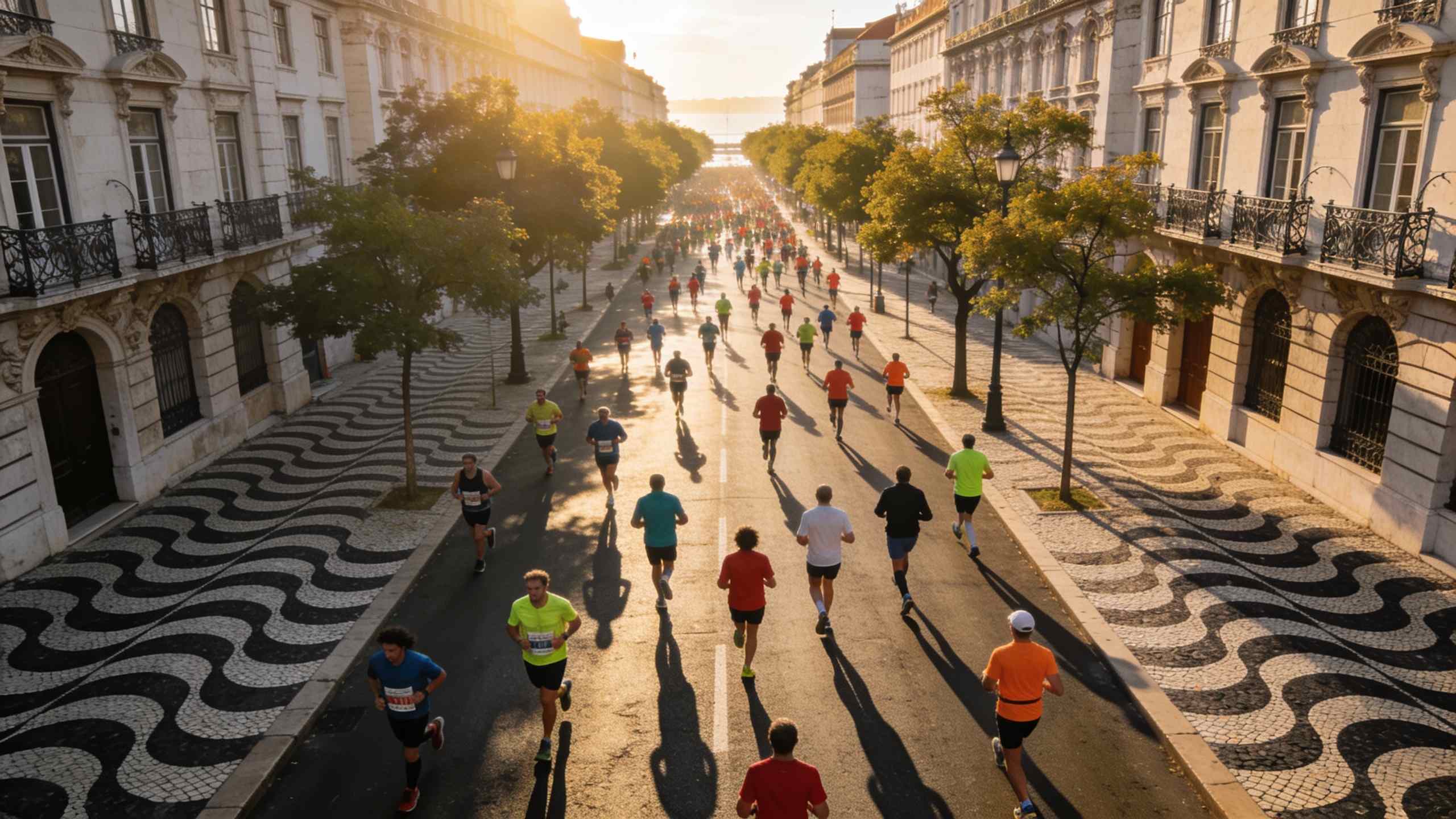 Runners on a wide city avenue at sunrise, lined with trees and old stone buildings, the street closed to traffic