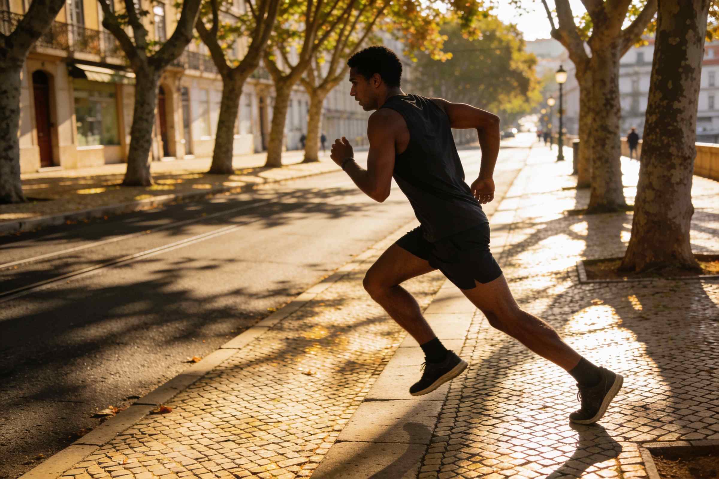 A runner leaning into a climb on a tree-lined avenue, seen from the side