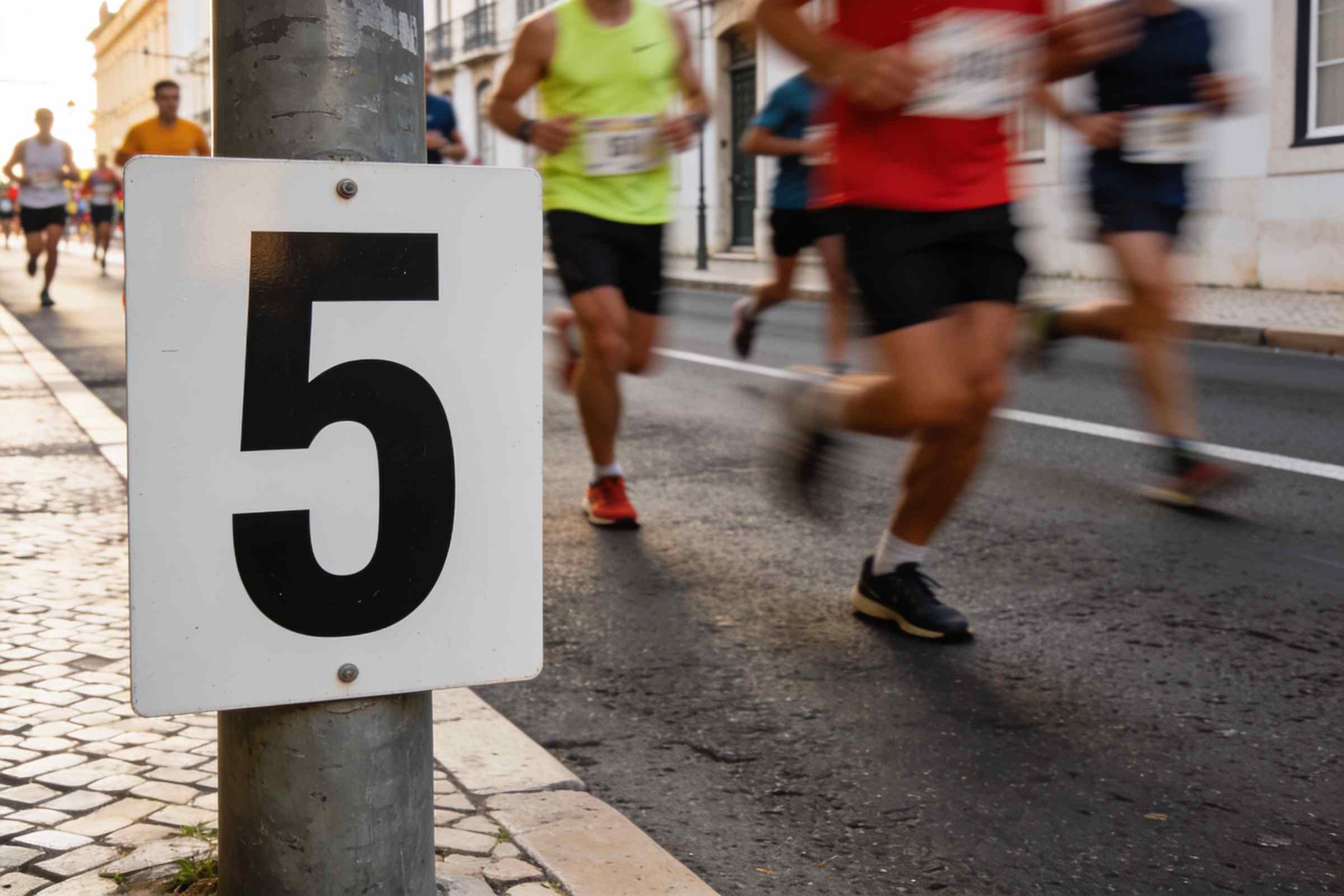 A kilometre marker sign on a city street, with runners passing in a blur