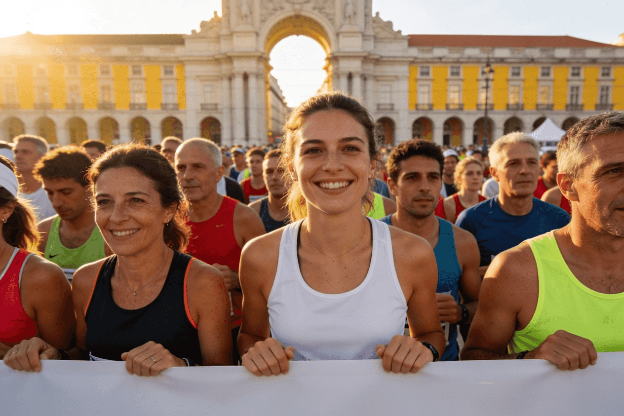 Runners packed behind a start line on a large square, waiting for the gun